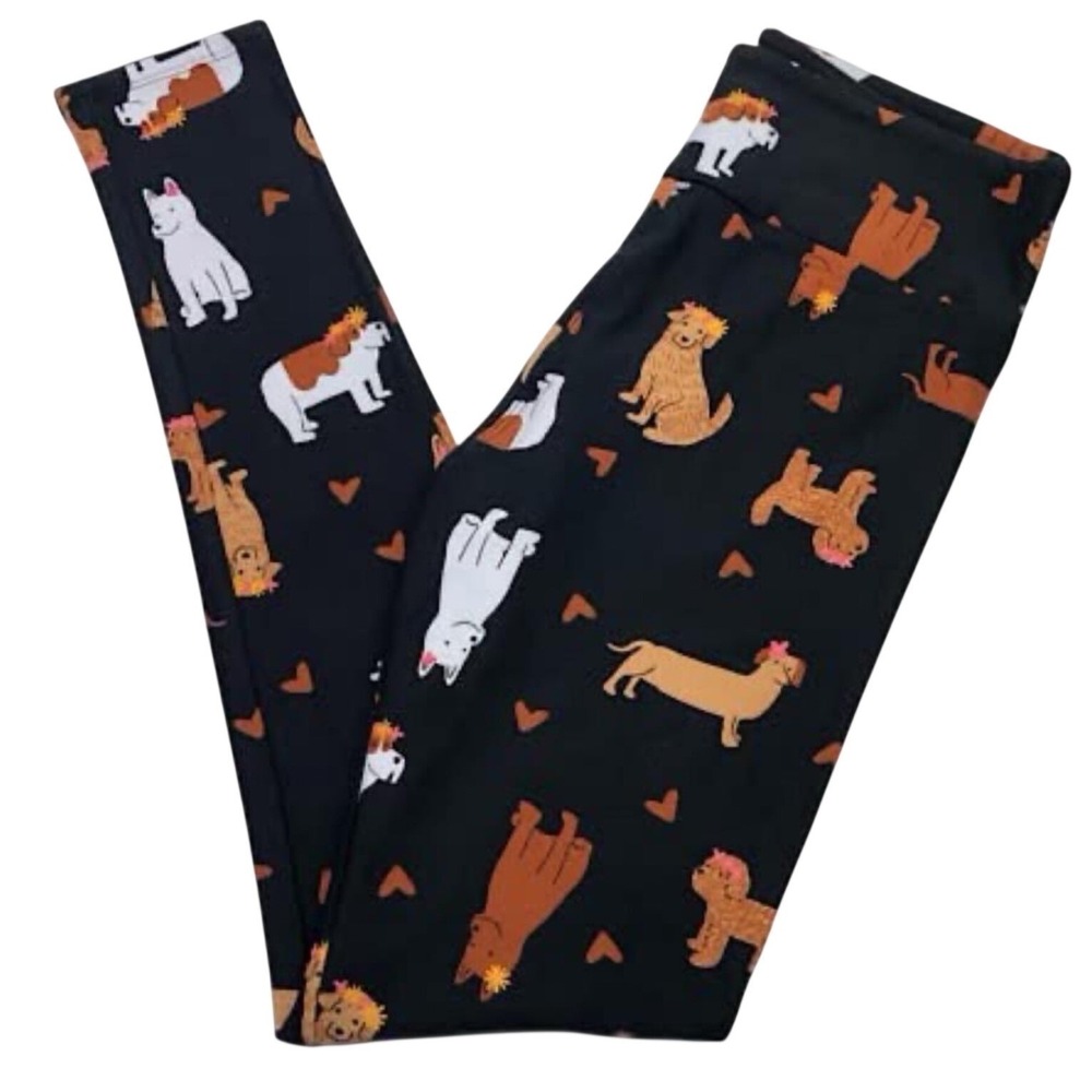 LuLaRoe Women Leggings Size TC2 Black Dogs‎ Hearts Floral Bows Plus 18+ NWT